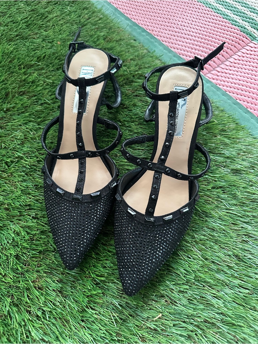 INC International Concepts Black Studded Pointed Toe T-Strap Heels - Picture 5 of 7
